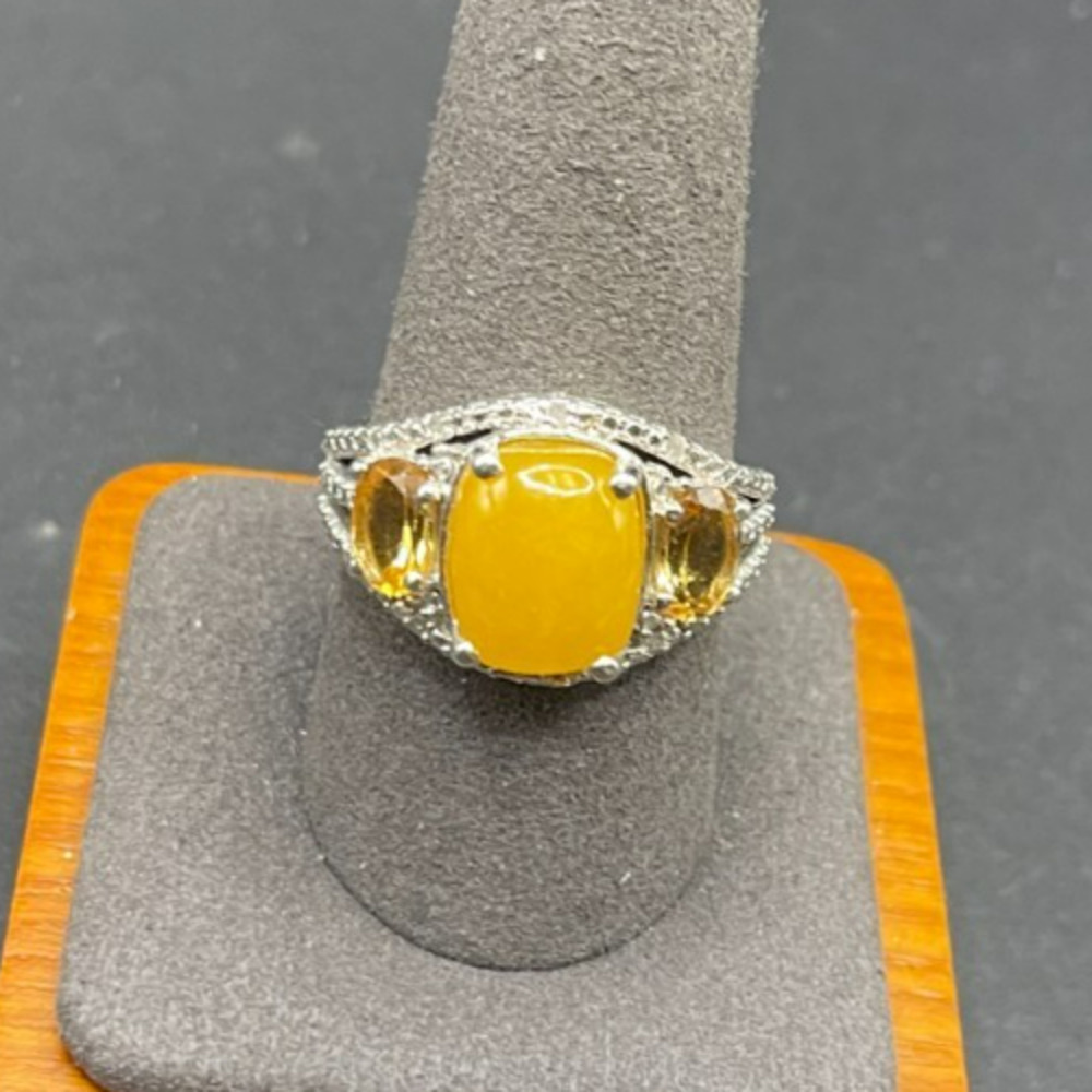 STS 925 Sterling Silver Yellow Stone Cabochon & Citrine Cocktail Ring Size 10